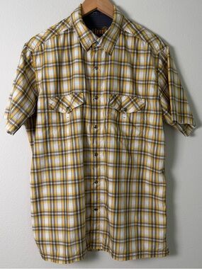 Kuhl Men's Large Yellow Plaid Pearl Snap Outdoor Casual Hiking Shirt Stretch
